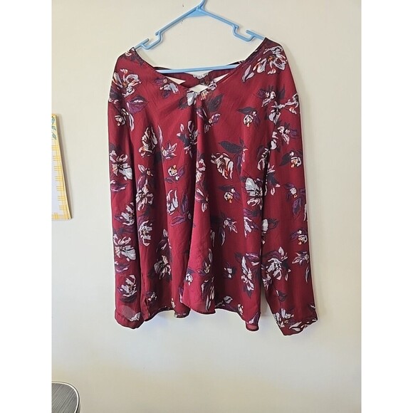 Floral Print Blouse V Neck Long Sleeve Criss Cross Back Burgundy Top Size 3 Plus - Picture 1 of 8